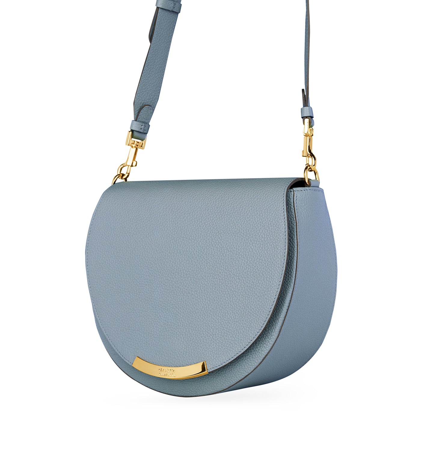 crossbody shoulder strap handbag with gold hardware blue